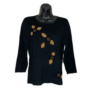 Vtg Sweater Women M Black Silk Applique Fall Witchy Leaves Novelty Bonnie & Bill